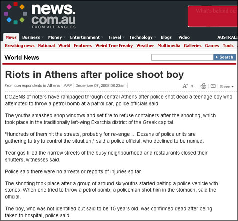 News.com.au: Riots in Athens after police shoot boy