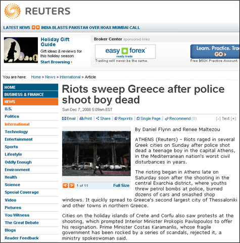 Reuters: Riots sweep Greece after police shoot boy dead