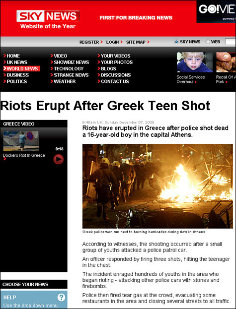 SkyNews: Riots Erupt After Greek Teen Shot
