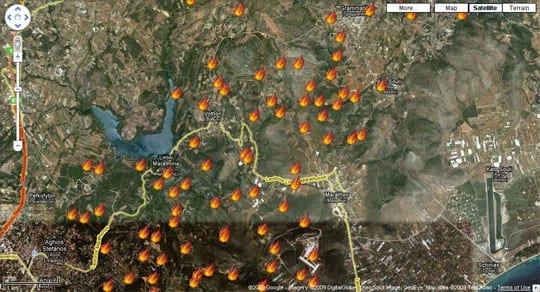 Google Maps Mashup για τις φωτιές