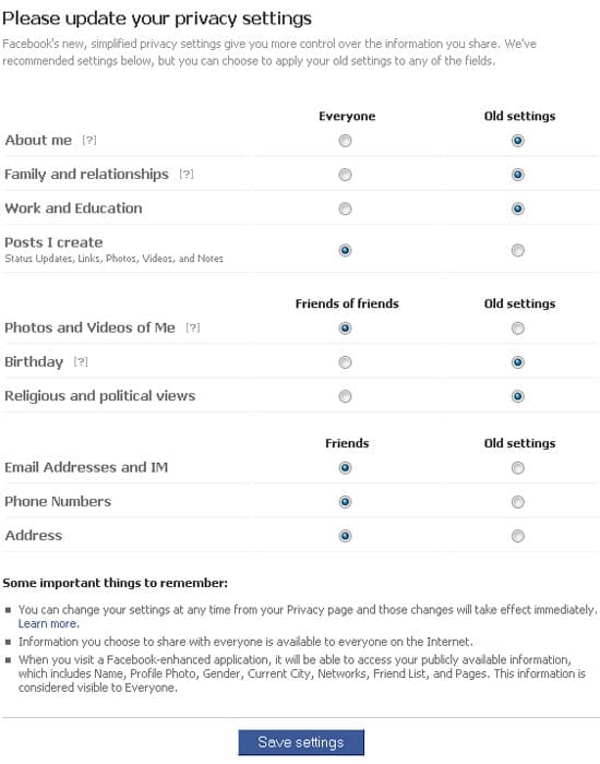 Facebook, Privacy Settings