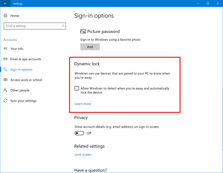 Windows 10 Creator’s Update Dynamic Lock
