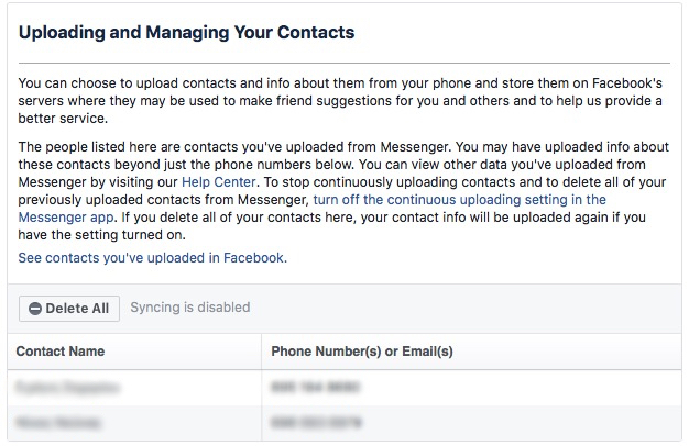 Facebook Uploaded Contacts screenshot