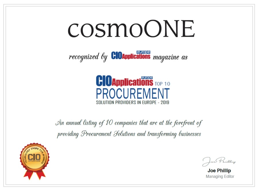 cosmoONE CIO Applications Europe Top 10 Certificate